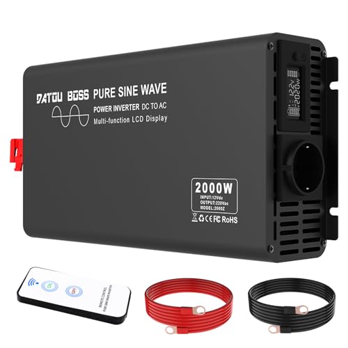 DATOUBOSS 2000W Wechselrichter Reiner Sinus 12V auf 230V Spitzenleistung 4000W mit 1 EU-Steckern, LCD-Anzeige für Wohnmobil LKW Auto von DATOUBOSS