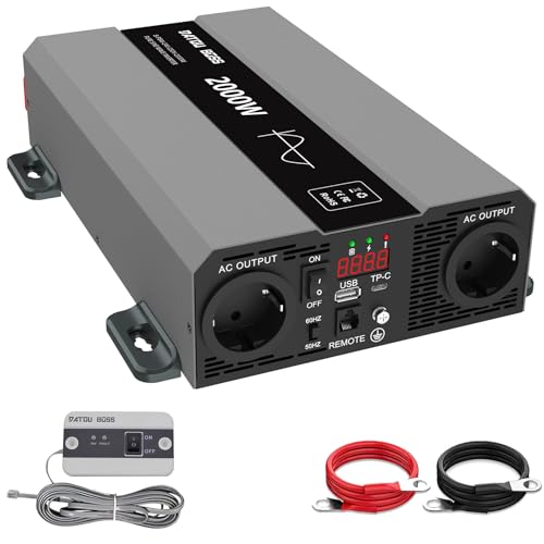 DATOUBOSS Wechselrichter 2000W 24V auf 230V Reiner Sinus Spannungswandler Power Inverter, mit 2 EU Steckdosen, USB/USB-C Ausgang und LCD-Anzeige Spitzenleistung 4000W Konverter für Wohnmobil Auto Kfz von DATOUBOSS