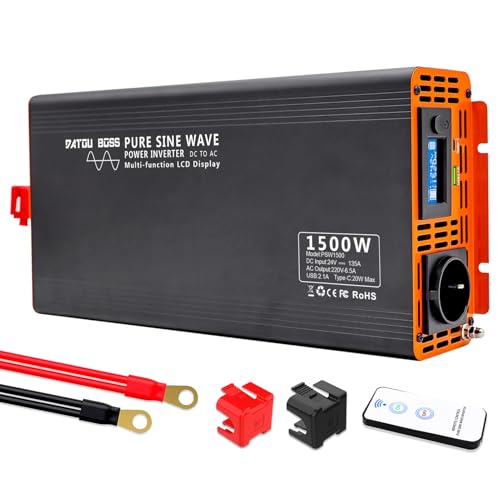 DATOUBOSS Wechselrichter 24v 230v Reiner Sinus 1500w Fernbedienung Spannungswandler Reiner Sinus mit 1 EU Steckdose USB & Type-c & LCD Anzeige Inverter Pure Sine Wave von DATOUBOSS