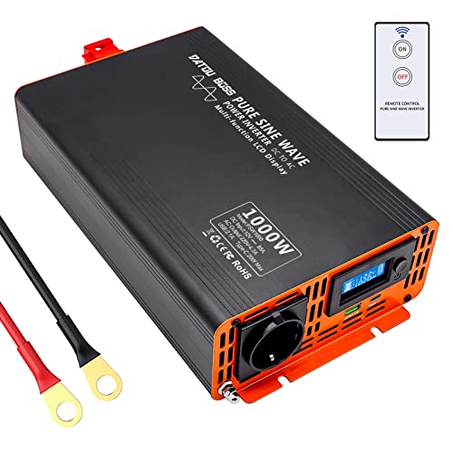 Wechselrichter Reiner Sinus 1000W/2000W 12v auf 230v Pure Sine Wave Power Auto Inverter mit LCD-Display und 1 EU Steckdose +1 USB-Port-inkl +1 Type-c Anschlüsse von DATOUBOSS