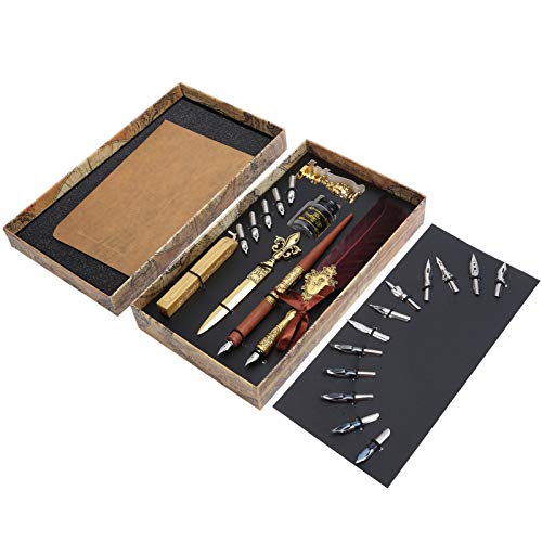 DAUERHAFT Federstift-Set, Antiker Kalligraphiestift Handgefertigter Federkiel-Stift-Satz Schreibfeder-Dip-Stift mit 5 Ersatzspitzen, Vintage Art Craft Collection(leere Tintenflasche) von DAUERHAFT