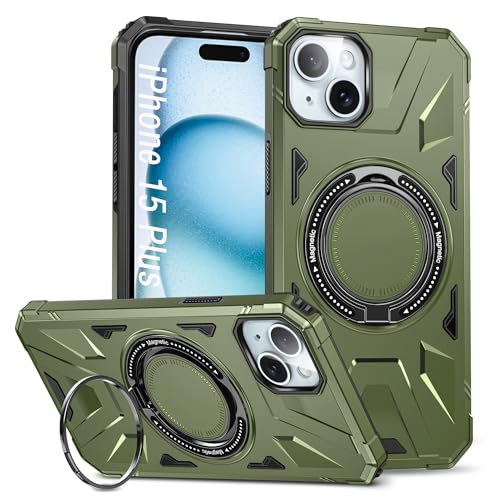 DAWEIXEAU Drehbare magnetische Ring Hülle für iPhone 15 Plus,Kompatibel mit MagSafe 360° Ring Ständer Stoßfeste HandyHülle für iPhone 15 Plus 6.7" (Grün) von DAWEIXEAU