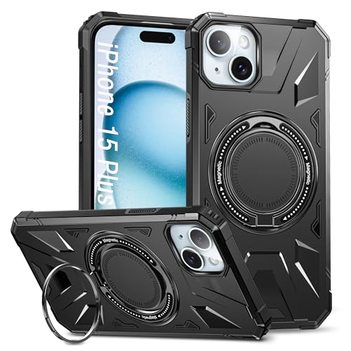 DAWEIXEAU Drehbare magnetische Ring Hülle für iPhone 15 Plus,Kompatibel mit MagSafe 360° Ring Ständer Stoßfeste HandyHülle für iPhone 15 Plus 6.7" (Schwarz) von DAWEIXEAU