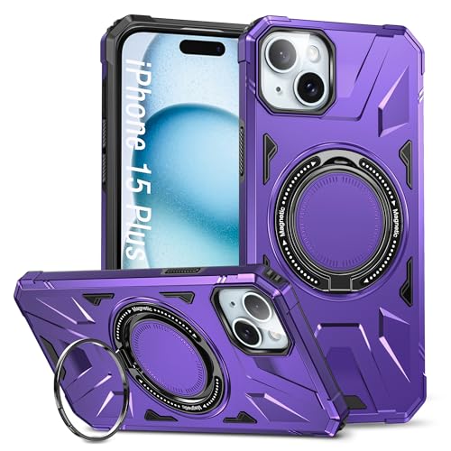 DAWEIXEAU Drehbare magnetische Ring Hülle für iPhone 15 Plus,Kompatibel mit MagSafe 360° Ring Ständer Stoßfeste HandyHülle für iPhone 15 Plus 6.7" (Violett) von DAWEIXEAU