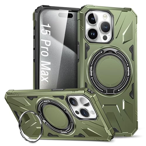 DAWEIXEAU Drehbare magnetische Ring Hülle für iPhone 15 Pro Max,Kompatibel mit MagSafe 360° Ring Ständer Stoßfeste HandyHülle für iPhone 15 Pro Max 6.7" (Grün) von DAWEIXEAU