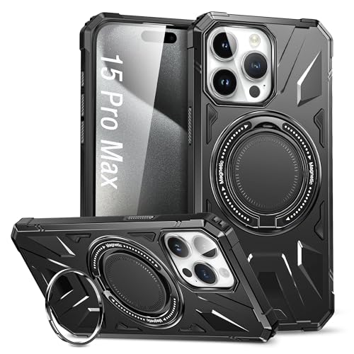 DAWEIXEAU Drehbare magnetische Ring Hülle für iPhone 15 Pro Max,Kompatibel mit MagSafe 360° Ring Ständer Stoßfeste HandyHülle für iPhone 15 Pro Max 6.7" (Schwarz) von DAWEIXEAU