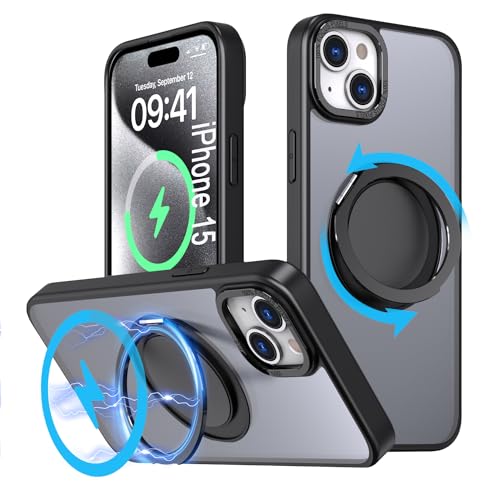 DAWEIXEAU Hülle für iPhone 15,Kompatibel mit MagSafe 360° Drehbare magnetische Ring Ständer Stoßfeste HandyHülle für iPhone 15 (Schwarz) von DAWEIXEAU