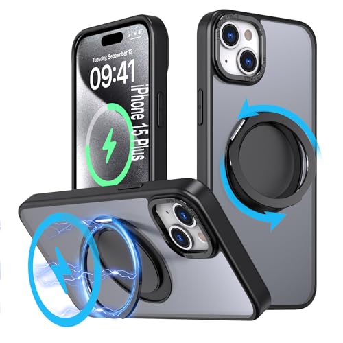 DAWEIXEAU Hülle für iPhone 15 Plus,Kompatibel mit MagSafe 360° Drehbare magnetische Ring Ständer Stoßfeste HandyHülle für iPhone 15 Plus (Schwarz) von DAWEIXEAU