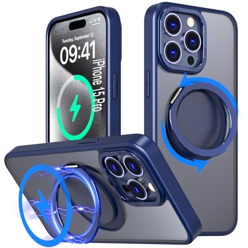 DAWEIXEAU Hülle für iPhone 15 Pro,Kompatibel mit MagSafe 360° Drehbare magnetische Ring Ständer Stoßfeste HandyHülle für iPhone 15 Pro (Blau) von DAWEIXEAU