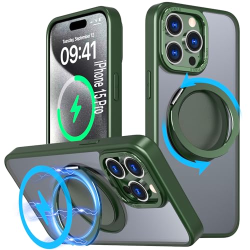 DAWEIXEAU Hülle für iPhone 15 Pro,Kompatibel mit MagSafe 360° Drehbare magnetische Ring Ständer Stoßfeste HandyHülle für iPhone 15 Pro (Grün) von DAWEIXEAU