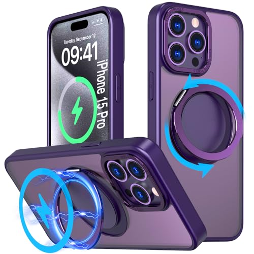 DAWEIXEAU Hülle für iPhone 15 Pro,Kompatibel mit MagSafe 360° Drehbare magnetische Ring Ständer Stoßfeste HandyHülle für iPhone 15 Pro (Violett) von DAWEIXEAU
