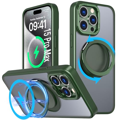 DAWEIXEAU Hülle für iPhone 15 Pro Max,Kompatibel mit MagSafe 360° Drehbare magnetische Ring Ständer Stoßfeste HandyHülle für iPhone 15 Pro Max (Grün) von DAWEIXEAU