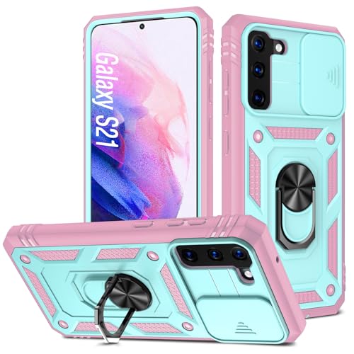 DAWEIXEAU Schutzhülle für Galaxy S21 5G, stoßfest, stoßfest, mit Schiebeobjektiv, Schutzhülle für Samsung Galaxy S21/S21 5G 6,2 Zoll (Rosa-Grün) von DAWEIXEAU