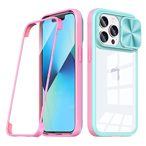 DAWEIXEAU für iPhone 13 Pro Max Hülle,Rundumschutz stoßfest Kratzfeste transparente Handyhülle mit verschiebbarem Linsenschutz Schutzhülle für iPhone 13 Pro Max 6.7" (Rosa Blau) von DAWEIXEAU