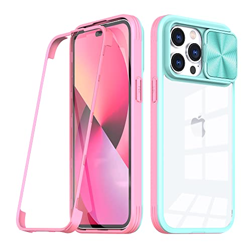 DAWEIXEAU für iPhone 14 Pro Hülle,Rundumschutz stoßfest Kratzfeste transparente Handyhülle mit verschiebbarem Linsenschutz Schutzhülle für iPhone 14 Pro 6.1" (Rosa Blau) von DAWEIXEAU