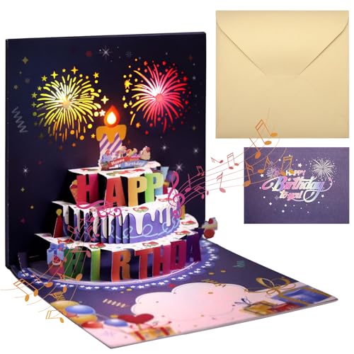 DAWRIS Geburtstagskarte, Musikalische und leichte Happy Birthday-Karte mit Ausblaskerze, 3D-Pop-Up-Geburtstagskarte für Männer, Frauen, Ehemann, Ehefrau, Schwester von DAWRIS