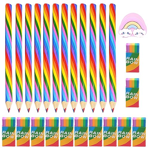 Regenbogenstift Set Kinder 12 Regenbogen Buntstifte 12 Rainbow Radiergummi 1 Regenbogen Bleistiftspitzer Regenbogenstifte 4 in 1 Farbstifte Stifte Bleistifte für Kunst Zeichnung Färbung Skizzieren von DAWRIS