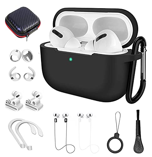 DAZUAN Schutzhülle für Airpods Pro, 12-in-1-Zubehör-Set für Airpod Pro, Schutzhülle aus Silikon für Airpods mit Ring/Gurt, für Uhrenhalter/Schlüsselanhänger/Airpods Pro Hülle (schwarz) von DAZUAN