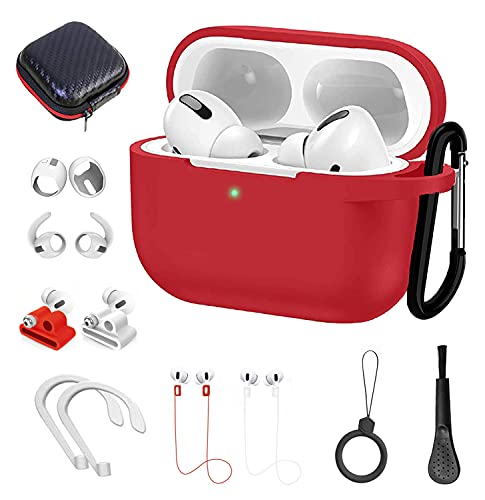 DAZUAN Schutzhülle für Airpods Pro, 12-in-1-Zubehör-Set für Airpod Pro, Schutzhülle aus Silikon für Airpods mit Ring/Gurt, für Uhrenhalter/Schlüsselanhänger/Airpods Pro Hülle (Rot) von DAZUAN