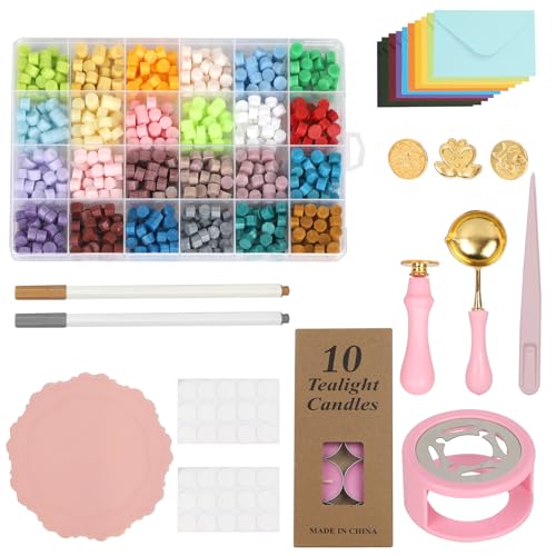 DBREAKS Siegelwachs Set,24 Farben Siegelwachs Perlen Set,600 Stück Siegellack Perlen,Wachssiegel Stempel Set,Siegelwachs Achteckig mit 2 Schmelzlöffel+5 Wachssiegelstempel+Siegelwachswärmer+20 Kerzen von DBREAKS