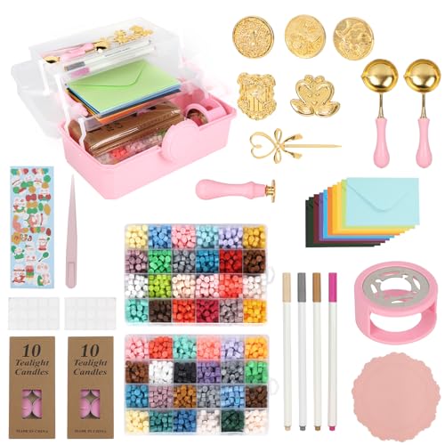 DBREAKS Siegelwachs Set,48 Farben Siegelwachs Perlen Set,1200 Stück Siegellack Perlen,Wachssiegel Stempel Set,Siegelwachs Achteckig mit 2 Schmelzlöffel+5 Wachssiegelstempel+Siegelwachswärmer+20 Kerzen von DBREAKS