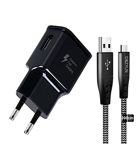 Ladegerät mit Ladekabel Kompatibel mit Samsung Galaxy S10, S10 Plus, S10e 5G, S9, S9 Plus, S8, S8 Plus, A50, A51, A40, A30, A20e, Z Flip3, Fold2, Schnellladegerät mit Ladekabel 2m Nylon (Schwarz) von DBZYLN