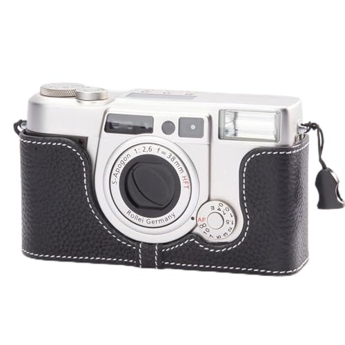 Vintage Echtleder-Kameratasche Handgefertigte Halb-Wickel-Kameratasche für Rollei AFM35 (Schwarz) von DBZZ