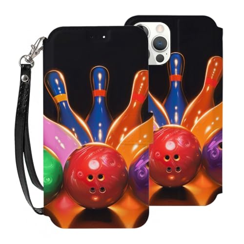 DCEHGEW Bowlingball-Schutzhülle für iPhone 12 Mini, 5,4 Zoll (13,7 cm), PU-Leder, Flip-Handyhülle, stoßfest, Brieftaschen-Handyhülle, Schutz mit 3 Kartenfächern und Handschlaufe, Weiß von DCEHGEW