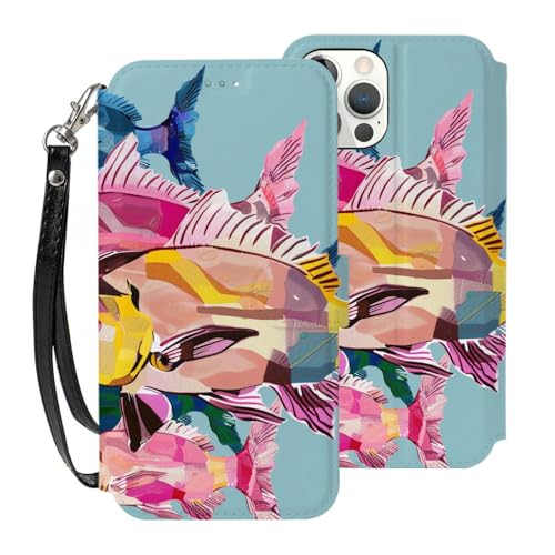 DCEHGEW Bunte Fisch-Cartoon-Schutzhülle für iPhone 12-6,1 Zoll (30,5–15,5 cm), PU-Leder, Klapp-Handyhülle, stoßfest, Brieftaschen-Handyhülle, Schutz mit 3 Kartenfächern und Handschlaufe von DCEHGEW