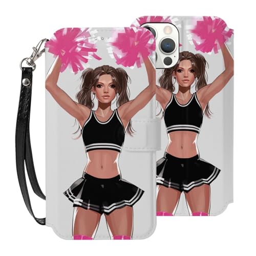 DCEHGEW Cheerleader Schutzhülle für iPhone 12 Mini, 13,7 cm (5,4 Zoll), PU-Leder, Klapphülle, stoßfest, Brieftaschen-Handyhülle, Schutz mit 3 Kartenfächern und Handschlaufe, Weiß von DCEHGEW