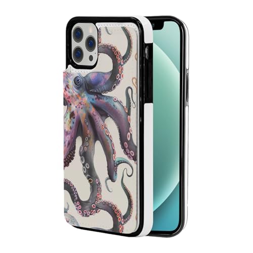 DCEHGEW Color Octopus Handyhülle für iPhone 12-6,1 Zoll (30,5–15,5 cm), Klappetui, Leder, stoßfest, Brieftaschen-Handyhülle, Schutz mit 2 Kartenfächern, Weiß von DCEHGEW