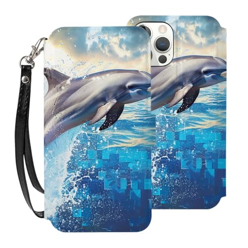 DCEHGEW Dolphin Schutzhülle für iPhone 12-6,1 Zoll (30,5–15,5 cm), PU-Leder, Klapphülle, stoßfest, Brieftaschen-Handyhülle, Schutz mit 3 Kartenfächern und Handschlaufe, Weiß von DCEHGEW