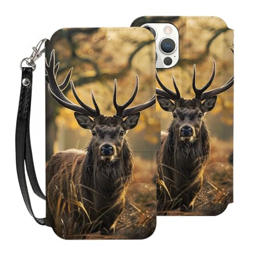 DCEHGEW Geweih-Schutzhülle für iPhone 12 Pro Max, 17 cm (6,7 Zoll), PU-Leder, Klapphülle, stoßfest, Brieftaschen-Handyhülle, Schutz mit 3 Kartenfächern und Handschlaufe von DCEHGEW