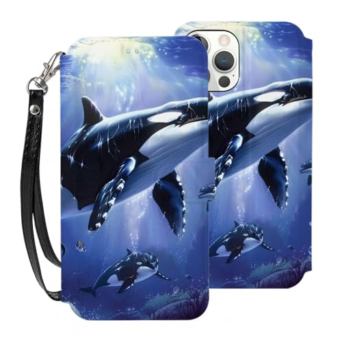DCEHGEW Killer Whale Schutzhülle für iPhone 12 Pro Max, 17 cm (6,7 Zoll), PU-Leder, Klapphülle, stoßfest, Brieftaschen-Handyhülle, Schutz mit 3 Kartenfächern und Handschlaufe, Weiß von DCEHGEW