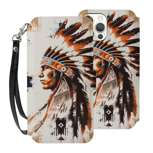 DCEHGEW Native USA Brieftaschen-Schutzhülle für iPhone 12 Pro, 15,5 cm (6,1 Zoll), PU-Leder, stoßfest, Brieftaschen-Handyhülle, Schutz mit 3 Kartenfächern und Handschlaufe, Weiß von DCEHGEW