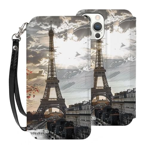 DCEHGEW Paris Schutzhülle für iPhone 12 Pro Max, 17 cm (6,7 Zoll), PU-Leder, Klapphülle, stoßfest, Brieftaschen-Handyhülle, Schutz mit 3 Kartenfächern und Handschlaufe, Weiß von DCEHGEW