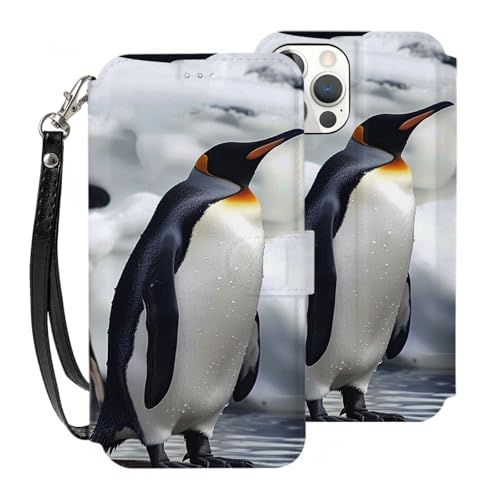 DCEHGEW Pinguin-Schutzhülle für iPhone 12-6,1 Zoll (30,5 - 15,5 cm), PU-Leder, Klappetui, stoßfest, Brieftaschen-Handyhülle, Schutz mit 3 Kartenfächern und Handschlaufe, Weiß von DCEHGEW