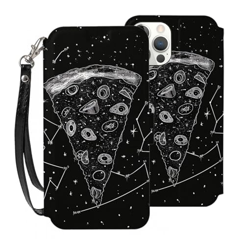 DCEHGEW Pizza Constellation Brieftaschen-Schutzhülle für iPhone 12 Pro, 15,5 cm (6,1 Zoll), PU-Leder, stoßfest, Brieftaschen-Handyhülle, Schutz mit 3 Kartenfächern und Handschlaufe, Weiß von DCEHGEW
