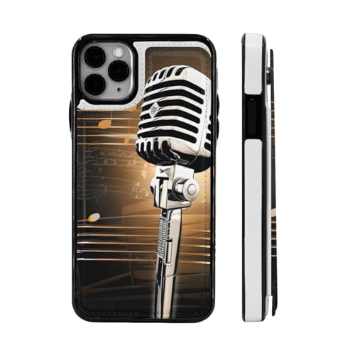 DCEHGEW Schutzhülle für iPhone 11-6,1 Zoll (27,9 - 15,5 cm) mit Mikrofon und Musiknoten, bedruckt, Leder, stoßfest, Brieftaschenformat, Schwarz von DCEHGEW