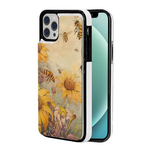 DCEHGEW Schutzhülle für iPhone 12-6,1 Zoll (30,5 - 15,5 cm), Motiv: ländliche Honigbienen und Blumen, stoßfeste Brieftaschen-Schutzhülle mit 2 Kartenfächern von DCEHGEW