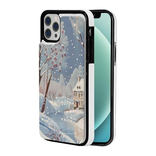 DCEHGEW Schutzhülle für iPhone 12-6,1 Zoll (30,5 - 15,5 cm) mit Winterlandschaft, Klappetui, stoßfest, Brieftaschenformat, mit 2 Kartenfächern, Weiß von DCEHGEW