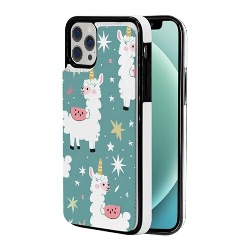 DCEHGEW Schutzhülle für iPhone 12-6,1 Zoll (30,5 - 15,5 cm) mit niedlichem Lama-Motiv, Klapphülle, stoßfest, Brieftaschenformat, mit 2 Kartenfächern, Weiß von DCEHGEW