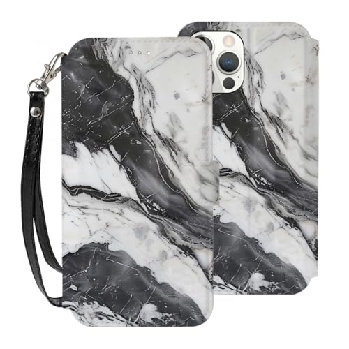 DCEHGEW Schutzhülle für iPhone 12 Mini, 13,7 cm (5,4 Zoll), PU-Leder, Klappetui, stoßfest, Brieftaschen-Handyhülle, Schutz mit 3 Kartenfächern und Handschlaufe, Hellschwarz von DCEHGEW