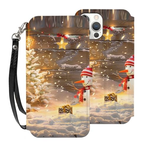 DCEHGEW Schutzhülle für iPhone 12 Mini (13,7 cm / 5,4 Zoll), Motiv: Weihnachten und Schneemann, PU-Leder, stoßfest, Brieftaschenformat, mit 3 Kartenfächern und Handschlaufe, Weiß von DCEHGEW