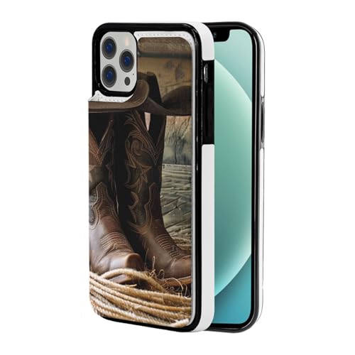 DCEHGEW Schutzhülle für iPhone 12 Pro, Motiv: Cowboy-Hut, Westernstiefel, 15,5 cm (6,1 Zoll), Flip-Lederhülle, stoßfest, Brieftaschen-Handyhülle, Schutz mit 2 Kartenfächern von DCEHGEW