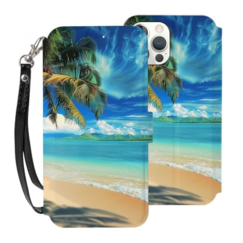 DCEHGEW Schutzhülle für iPhone 12 Pro, Motiv: tropische Palme, Hawaii-Strand, 15,5 cm (6,1 Zoll), PU-Leder, Klapphülle, stoßfest, Brieftaschen-Handyhülle, Schutz mit 3 Kartenfächern und Handschlaufe von DCEHGEW