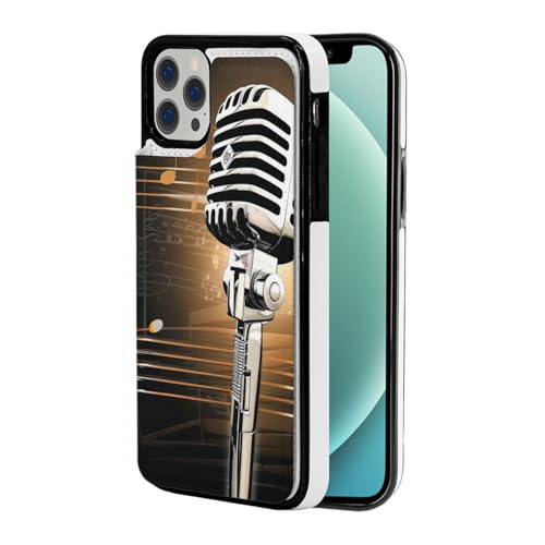 DCEHGEW Schutzhülle für iPhone 12 Pro Max mit Mikrofon mit Musiknoten, 17 cm (6,7 Zoll), Klappetui, Leder, stoßfest, Brieftaschen-Handyhülle, Schutz mit 3 Kartenfächern, Weiß von DCEHGEW