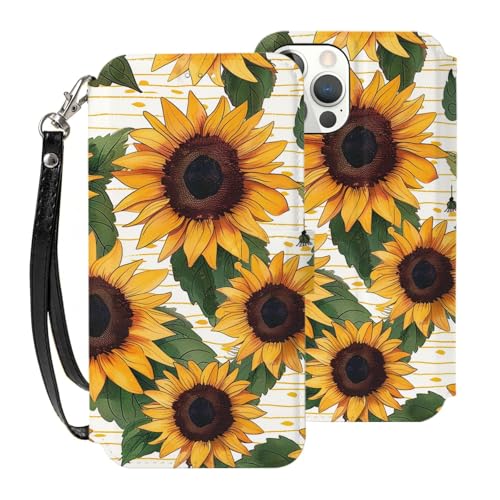 DCEHGEW Schutzhülle für iPhone 12 Pro Max mit Sonnenblumenmuster, 17 cm (6,7 Zoll), PU-Leder, Klapphülle, stoßfest, Brieftaschen-Handyhülle, Schutz mit 3 Kartenfächern und Handschlaufe von DCEHGEW