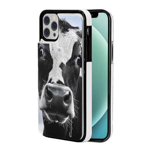 DCEHGEW Schutzhülle für iPhone 12 Pro Max mit lustigem Kuhkopf, 17 cm (6,7 Zoll), Klappetui, Leder, stoßfest, mit 3 Kartenfächern, Schwarz / Weiß von DCEHGEW