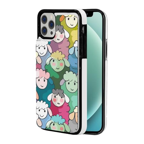 DCEHGEW Schutzhülle für iPhone 12 Pro Max mit niedlichem buntem Schaf, Cartoon-Muster, 17 cm (6,7 Zoll), Flip-Lederhülle, stoßfest, Brieftaschen-Schutzhülle mit 3 Kartenfächern von DCEHGEW